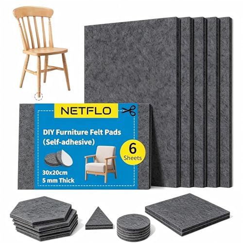 NETFLO Protectores de fieltro autoadhesivos para sillas para cortar, 6 unidades, 16 x 20 cm, 5 mm, extrafuertes, amortiguan el ruido, protección contra arañazos para sillas, muebles pesados, fieltro