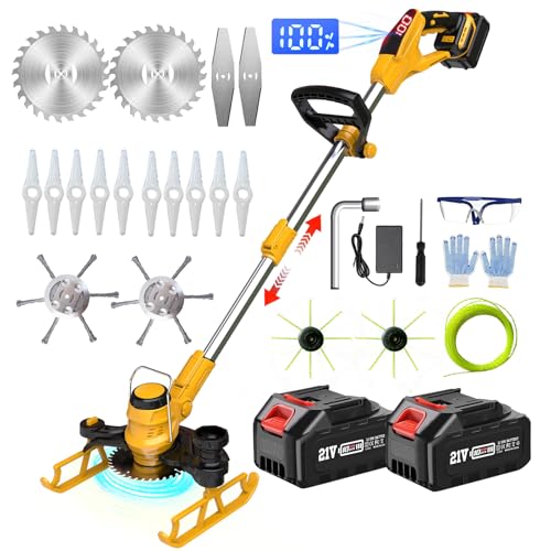 Decespugliatore a Batteria 21V, 5 in 1 Tagliabordi a Batteria con 2 Spazzola per Erbacce e 5 Tipi di Lame Decespugliatore Elettrico, Tagliabordi Elettrico, Girevole 90°, Yellow