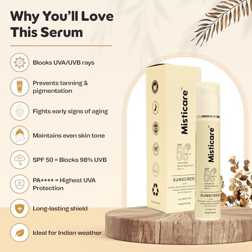 Image of Sunscreen SPF 50 PA++++ with Vitamin B5, Vitamin E & Almond Oil Broad Spectrum UVA /UVB Protection No White Cast Water & Sweat Resistant Lightweight & Non-Greasy For All Skin Types Men & Women - 50g