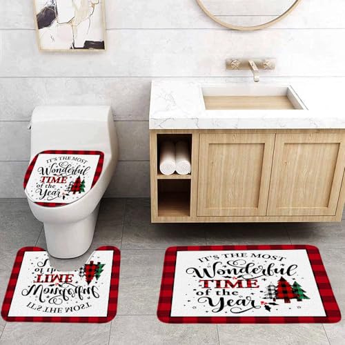 VPUPCN Christmas Trees 3 Pcs Bath Rugs Set,Red Black Buffalo Plaid Pine Tree Snowflake Farmhouse Winter Holiday Bathroom Kitchen Rug with 16