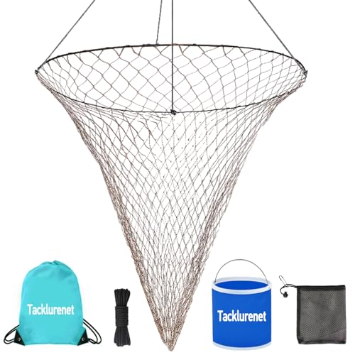 Foldable Pier Fishing Net Bridge, Drop Net for Pier Fishing Designed for Big Fish with Dual-Line Reinforced Fiber Net Bold Soft Steel Hoops Folding Bucket Storage Bag Nylon Rope Bait Bag