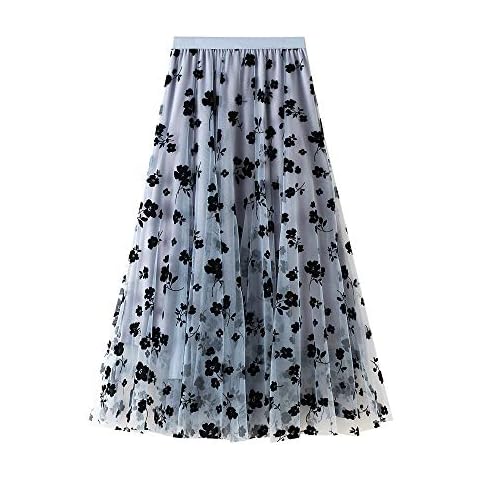 Xsylife Womens Tutu Tulle Skirt Double Layer Pleated High Elastic Waist A-Line Swing Classical Midi Skirt Hem Maxi Skirts (Blue Floral, One Size) Cover