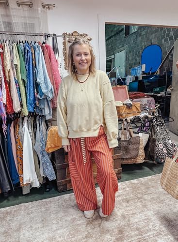 Bankeng Women's Striped Palazzo Pants - Loose Wide Leg Lounge Trousers with Pockets (Orange, L)2