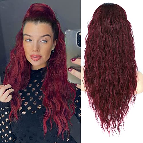 Stamped Glorious 26 Inch Long Wine Red Drawstring Ponytail Extension for Women Synthetic Long Curly Wavy Ponytail Hair Extensions for Daily Party Use