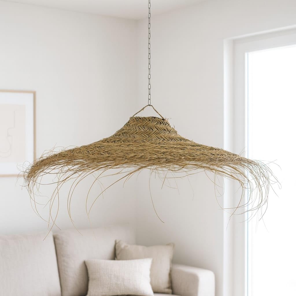 Generico Paralume Lampadario a Sospensione in Paglia Artigianale Marocchino: Stile Etnico, Illuminazione Naturale e Accogliente 2404251302 Vimini Rattan Palma Fibre Naturali Senza Impianto Elettrico