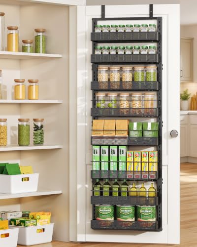 SAYZH 8 Tiers Over the Door Pantry Organizer,17.2″W x 6.2″D x 69.2″H, Black | Height Adjustable Spice Rack, Dense Mesh Baskets, Anti-Swing, Adjustable Door Hooks, Pantry Door Organizers and Storage