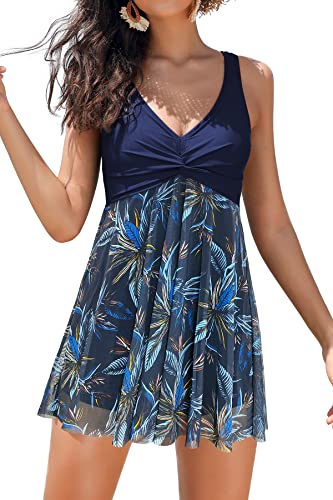 SHEKINI Women's Swimdress One Piece V Neck Swimming Costume Splice Printed Mesh Soft Cup Padded Elegant Bathing Suit Tummy Control with Boyshort, Blue, L