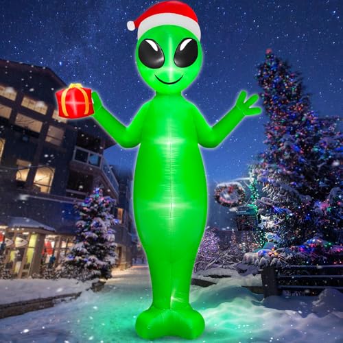 TURNMEON 8 Ft Tall Christmas Inflatable Alien Decoration Outdoor, Christmas Blow Up Alien with Red Hat and Gift Box Build-in LED Lights for Xmas Party Indoor Garden Yard Decor