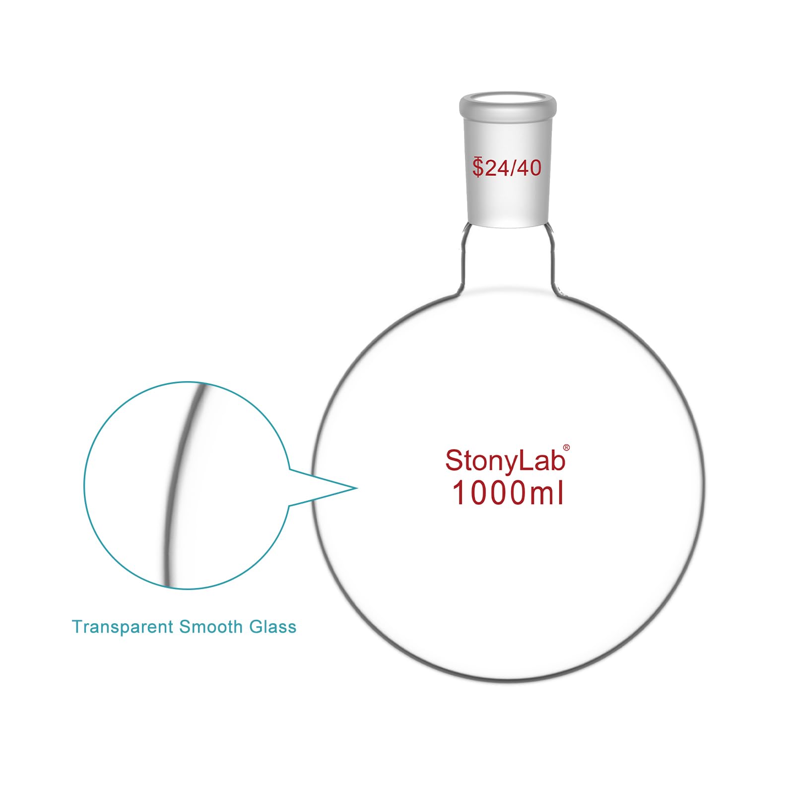 stonylab Matraccio Laboratorio, Matraccio Fondo Rotondo da Parete Pesante a Collo Singolo in Vetro Borosilicato RBF con Giunto Esterno Standard 24/40, Round Bottom Flask per Laboratorio - 1000ml