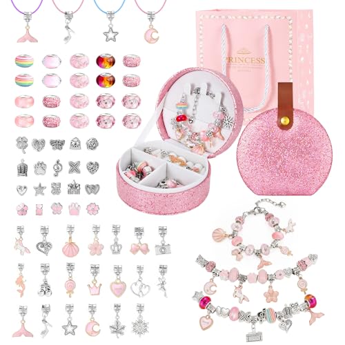 Emibele Niñas Cuentas Charm Kit Hacer Pulseras Con Caja Joyas Portátil, Kit Hacer Joyas Para Niños Edad 5 6 7 8-12, DIY Arte Manualidades Juguetes Para Regalo En Cumpleaños San Valentín Navidad