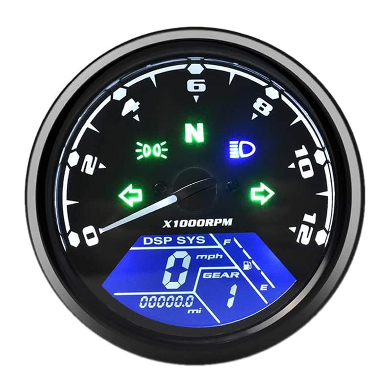 ELING Motorcycle Speedometer 199 MPH KM/H Tachometer 12000RPM with Gear Indicator Alarm Light Display 12V (Motorcycle Gauge)