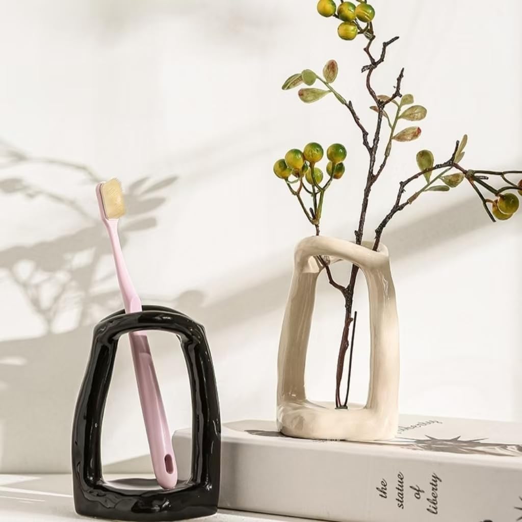 Handmade Ceramic Holder Stand for Toothbrushes, Makeup Brushes, and Pens - Minimalist Design for Bathroom Vanity and Countertops Decor (Black) - Image 4