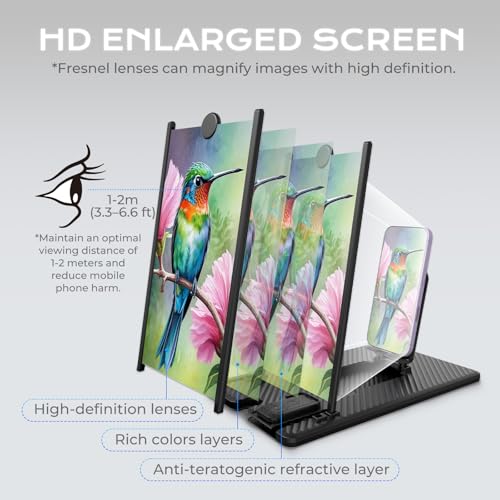 SEANCHEER 5-in-1 Vertical Phone Screen Magnifier HD with Bluetooth Remote, 3D Portable Foldable Smartphone Stand for | TikTok | YouTube | FB | IG | Scrolling - Gift for Mom, Dad & Family (Black, 12