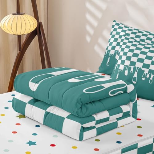 Image of Teal Checkered Full Complete Bedding Set Bed in a Bag,Checkerboard Drip Zipper Comforter Set with Fitted Sheet & Pillowcases Pet Friendly,Y2K Aesthetic Modern Geometric for Kids & Teens Zip Up Blanket