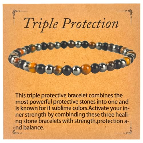 Triple Protection Bracelet for Men & Women - Natural Onyx, Hematite & Tiger Eye Beaded Stretch Bracelet, Handmade Healing Gemstone Jewelry, 4mm Elastic Energy Beads, Spiritual Gift with Box