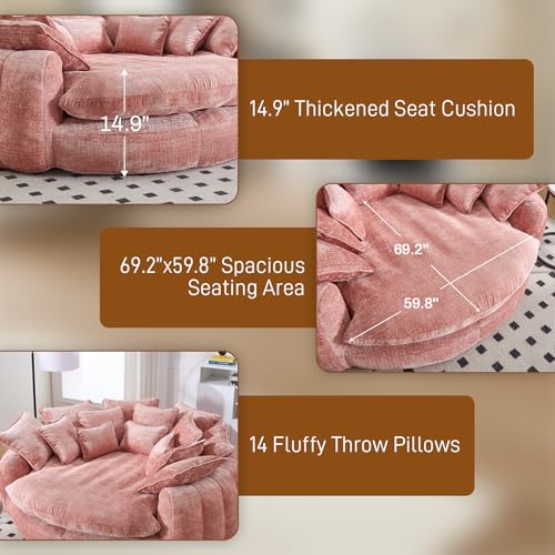 Image of 81 inch Round Sofa Bed Big Bean Bag Round Chaise Lounge Oversized Round Couch Boneless Reading Chair Plush Fluffy Chenille Large Chaise Chair for Living Room, Bedroom, Apartment, Pink