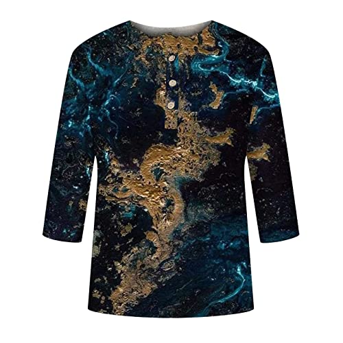 Blusa com estampa de mármore gráfica para meninas manga 3/4 gola canoa e botão para baixo camiseta L