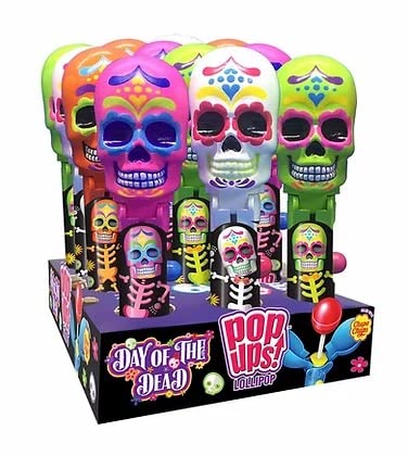 Flix Halloween Candy Day of the Dead Skull Pop-Ups Lollipop Packs - 12 Count Display Box