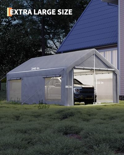 Image of GarveeLife 13x20 ft Carport with 8 Sandbags, Car Port with 220 g PE Tarp, 2 Roll-Up Doors, and 4 Windows, for Full-Size Pickups, Bass Boats, Tractors, and SUVs, White