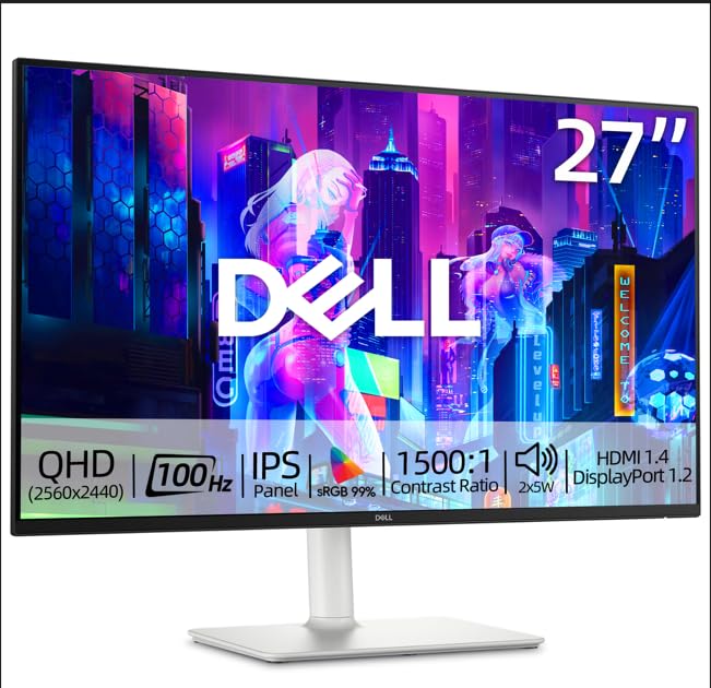 Image of Dell S27 inch QHD Monitor, 100Hz, IPS Panel, 4ms, 99% sRGB, 1500:1 Contrast Ratio, VESA, Low Blue Light, 2 x HDMI, 1x DisplayPort, 2x5W Speaker, Ultra-Thin bezels, Height /Tilt /Swivel /Pivot, White
