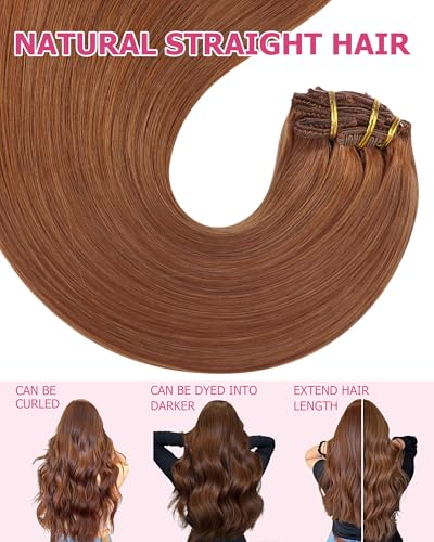 Image of YoungSee Clip in Human Hair Extensions Copper Clip ins Hair Extensions Human Hair Light Copper Clip in Hair Extension Real Human Hair Ease of Use 16Inch 120g 7pcs