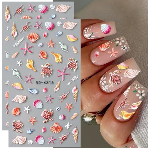 2 PCS 5D-Relief French Sea Shell Nail Stickers, Summer Ocean Theme, Self-Adhesive, Suitable for DIY Nail Design
