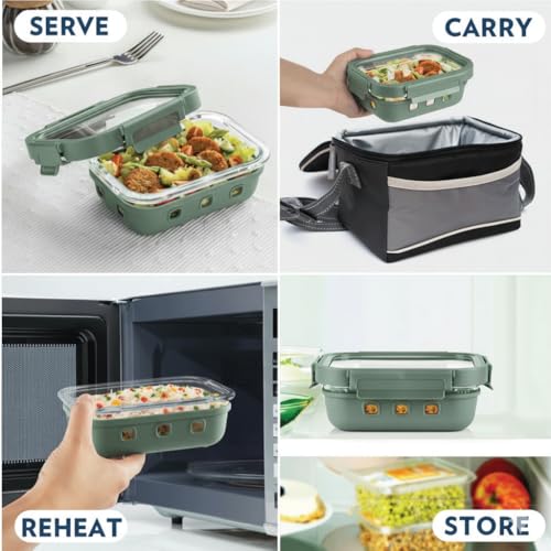 Image of Griplok Glass Lunch Box with Leakproof Lid, Borosilicate Food Storage Container with Silicone Sleeve, Airtight, Microwave /Dishwasher Safe (Forest Green, 1x640ml + 1x1050ml)