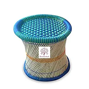 Shivansh handicraft, (16 inch Blue and Green) Mudda | muddi | Garden Stool | Chair | Handicraft Cane Wood Bar Stool,