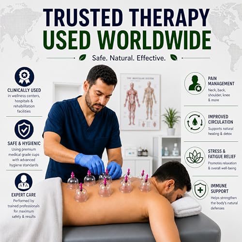 Image of Premium Hijama Cupping Therapy Kit for Pain Relief, Muscle Recovery, Detoxification and Blood Circulation Improvement| Professional Vacuum Suction Cups Kit with Strong Pump for Home and Clinical Use|Durable, Skin-Safe Medical Grade Material for Safe and Effective Treatment (24Cups White Handle)