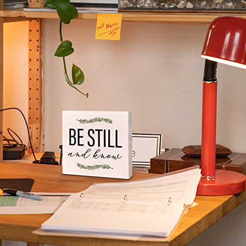 Christian Desk Wooden Box Sign Decor, Be Still And Know, Home Office Religious Motivational Decor Scripture Bible Verse Desk Decoration Inspirational Christian Baptism Gifts For Women Men #TOP3