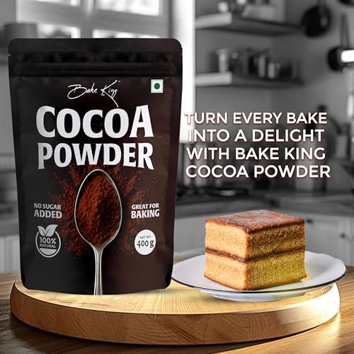 Image of BAKE KING Natural Cocoa Powder 400gm for Baking, Shake, Cake and Chocolates | Unsweetened