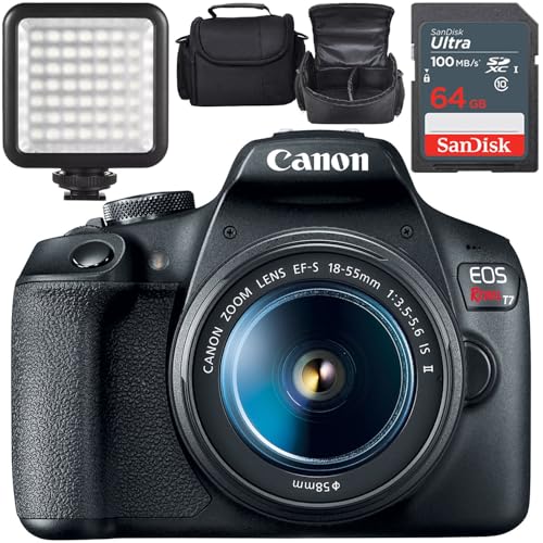 Canon EOS Rebel T7 DSLR Camera w/Canon EF-S 18-55mm f/3.5-5.6 is II Lens + LED Video Light + Camera Case + 64GB Memory (13pc Bundle) (Renewed)