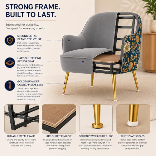 Image of Velvet Chair with Pillow for Home | Modern Accent Armchair in Soft Velvet Fabric with Golden Legs | Premium Accent Chair for Living Room Bedroom Restaurent | (Light Grey, Big Zara)