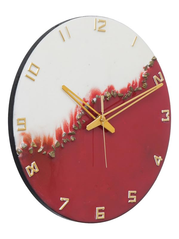 Image of CHRONIKLE Elegant Epoxy Resin Round Handcraft Red and White Stone Art Analog English Numbers Wall Clock for Living Area Room Home Office Decoration Gifts (Size: 30x6x30 CM | Weight: 765 Gram)