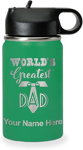 Miniatura 60 de LaserGram Botella de agua personalizada, World's Greatest Dad, acero inoxidable de doble pared aislada al vacío con popote superior, regalo grabado