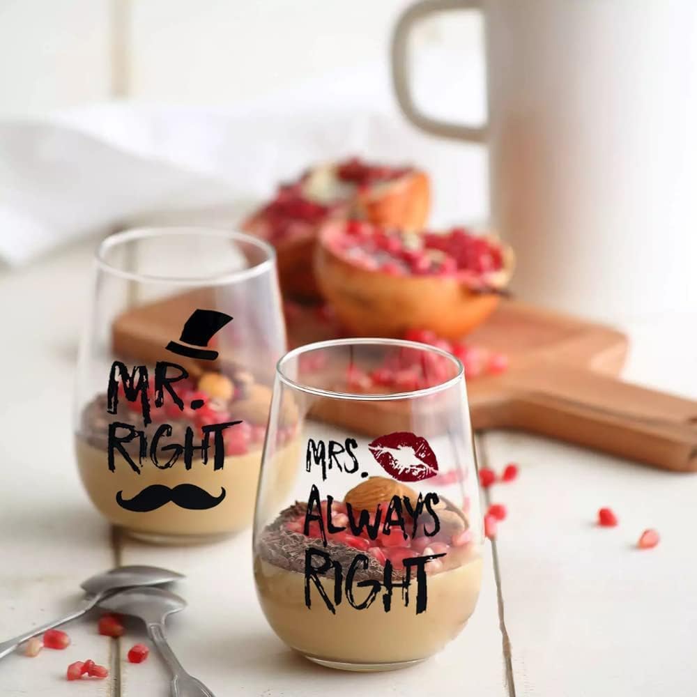 Mr Right Bicchieri da coppia di vino 14 once Calice da vino in cristallo senza stelo Set di tazze, Tazza da matrimonio per gli sposi per coppia Anniversario, Fidanzamento, Natale San Valentino