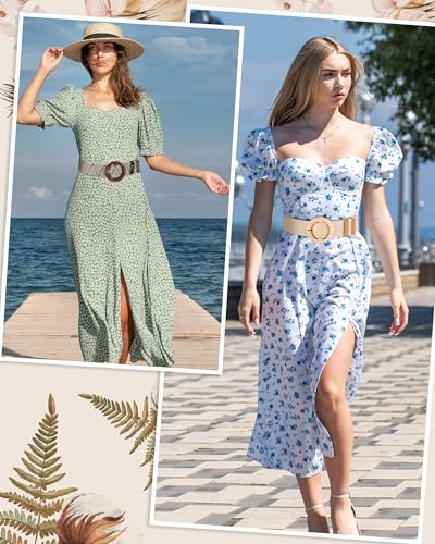 Image of WILLBOND 4 Pcs Women's Elastic Raffia Woven Belt, Boho Rattan Buckle Stretch Straw Wide Waist Belt for Dresses Jeans Pants
