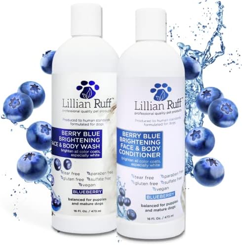 Lillian Ruff Berry Blue Brightening Face and Body Wash Shampoo & Conditioner Set for Dogs & Cats - Tear Free Blueberry Shampoo - Remove Tear Stains, Hydrate Dry Itchy Skin, Add Shine & Luster to Coats