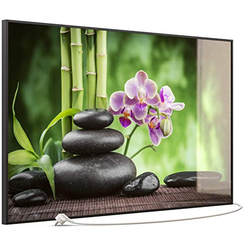 STEINFELD Heizsysteme Elektro Heizung Glas Bild Infrarotheizung inklusive TS11 WiFi Thermostat | Made in Germany | Motive 055 Zen Basaltsteinen (900 Watt, schwarz)