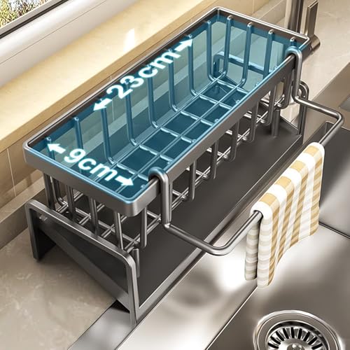 JJIW Sink Caddy, Kitchen Sink Organiser with Hook (Punch-Free Installation), Kitchen Accessories - Stainless Steel Dishcloth Sponge Holder for Kitchen Storage & Organisation(Black) - Image 2