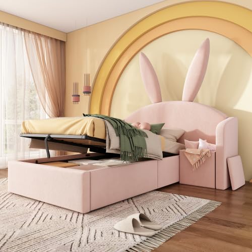 Merax Bunny Ears Kids Bed with Hydraulic Storage & Nightstand, Upholstered Single Bed Frame for Girls Bedroom, Kids Single Bed with Velvet Headboard, Youth Bed 90 x 190 cm, No Mattress — image 1