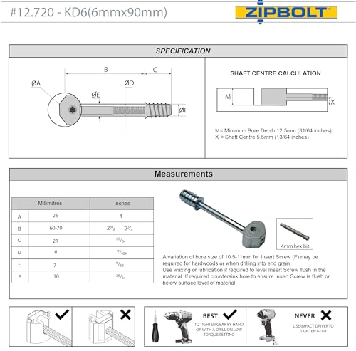 Mini conector de 6 mm Zipbolt UT 12.720 para herrajes de madera y unión de rieles 6