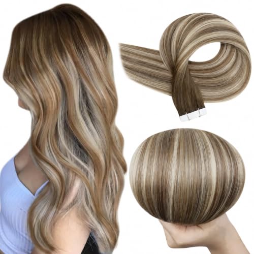 Full Shine Tape In Hair Extensions Human Hair, Brown Blonde 12 Inch
