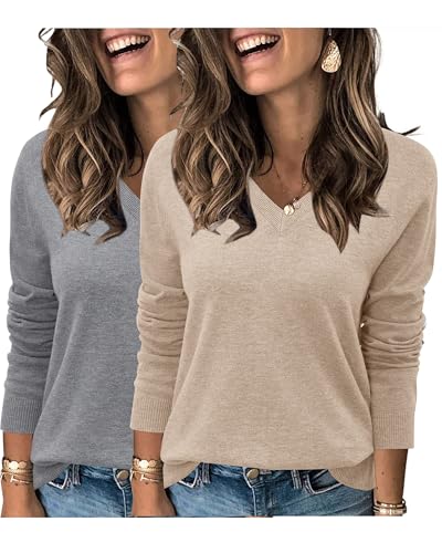 Arach&Cloz 2 Pack Womens Sweaters 2024 Lightweight Soft V Neck Long Sleeve Fall Tops Fashion Clothes Casual Shirts Pullover2