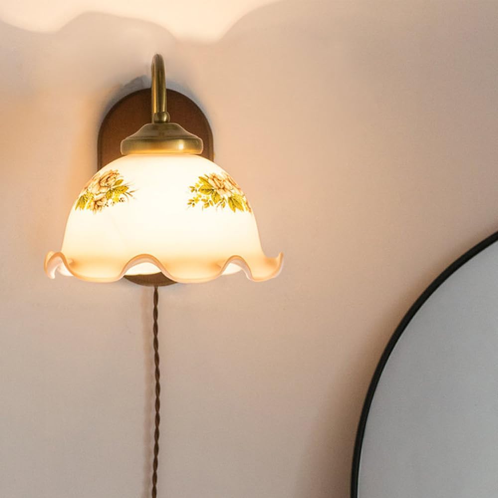 Vintage Milk Glass Flower Wall Sconce Plug in Antique Gold Rustic Wall Lamp - Gooseneck Farmhouse Bedroom Wall Mounted Light