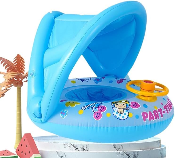 Inflatable Baby Swimming Ring with Sun Canopy for Children up to 15 kg, Removable Hood, Rotating Steering Wheel with Horn