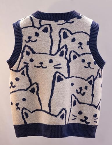 Xunger Women’s V Neck Knit Sweater Vest Sleeveless Cute Cat Print Sweater Pullover Tops2