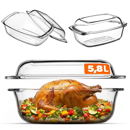 KADAX Cacerola de cristal con tapa de vidrio resistente al calor, recipiente ignífugo para lasaña, guiso de verduras, asador de vidrio para asar en el horno (rectangular – 5,8 L)