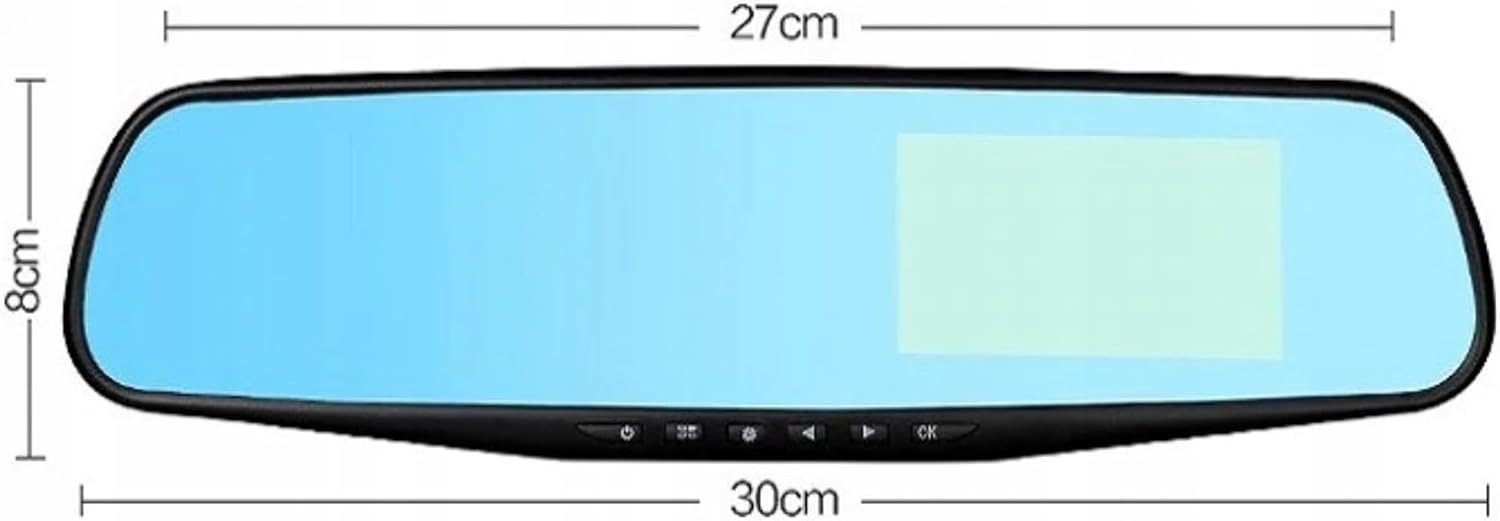 Dimensions of the rearview mirror dash cam, showing a length of 27cm and height of 8cm.