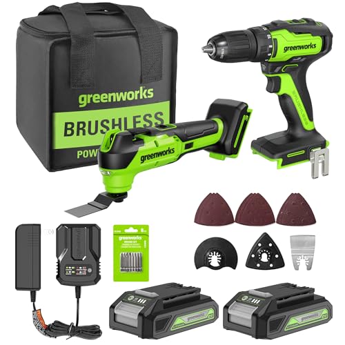 Image of Greenworks 24V Brushless 2PCS Cordless Brushless Power Tool Combo Kit, include 310 in-lbs Drill Driver, 18,000 OPM Multi Tool, 2 x 2Ah Batteries and Charger